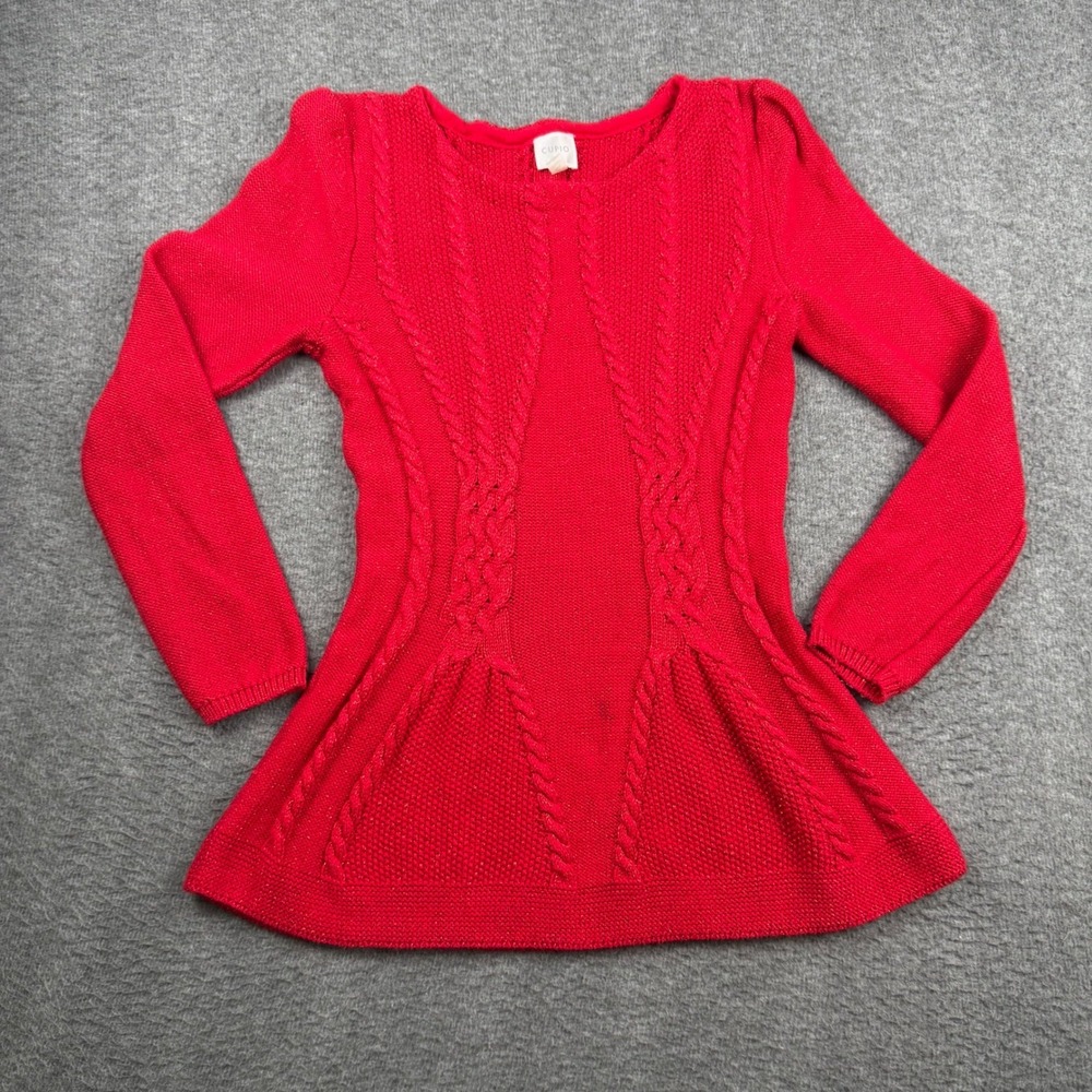 Cupio Red Cable Knit Peplum Sweater Metallic Gold Shimmer Long Sleeve Womens M